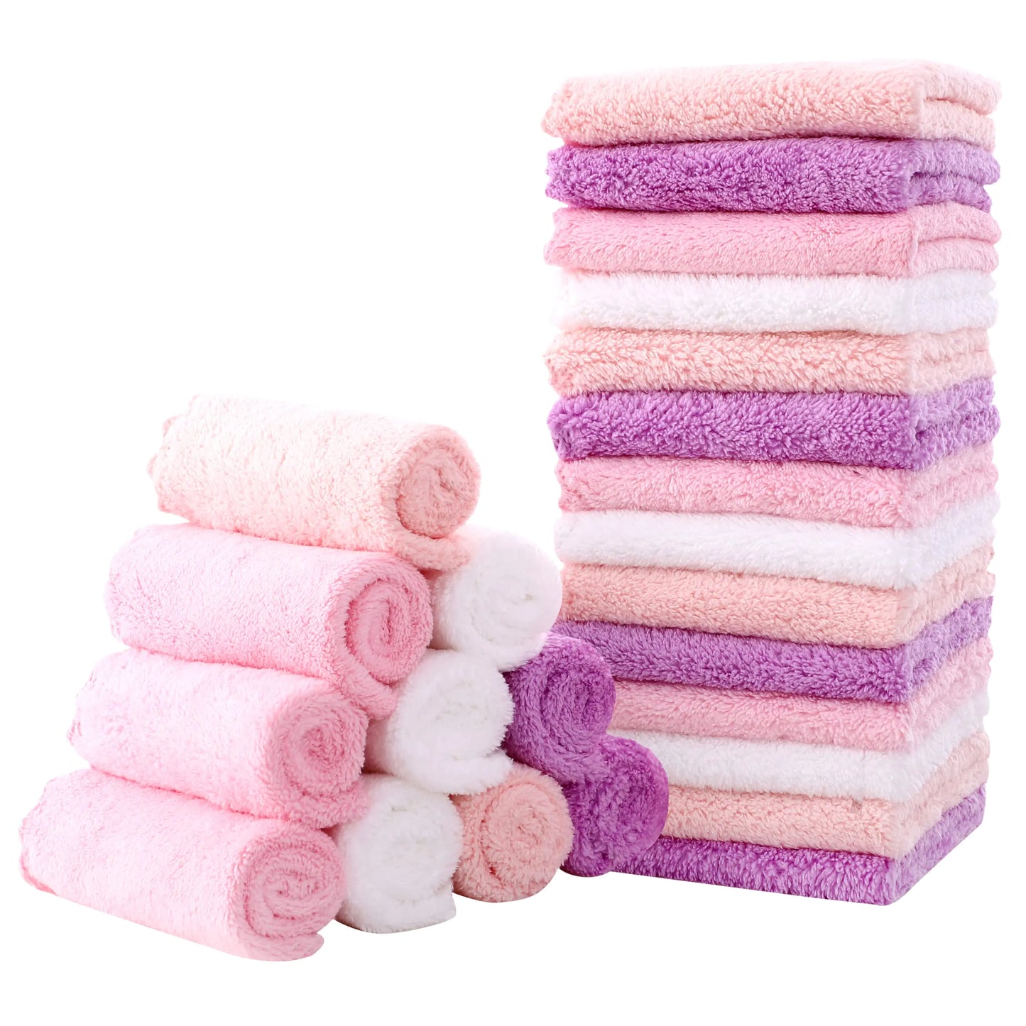 MOON PARK Baby Washcloths 24 Pack - 8x8 Inches Small Burp Cloths and Baby Wipes for Girl (White+Pink+Purple+Frozen Berry)