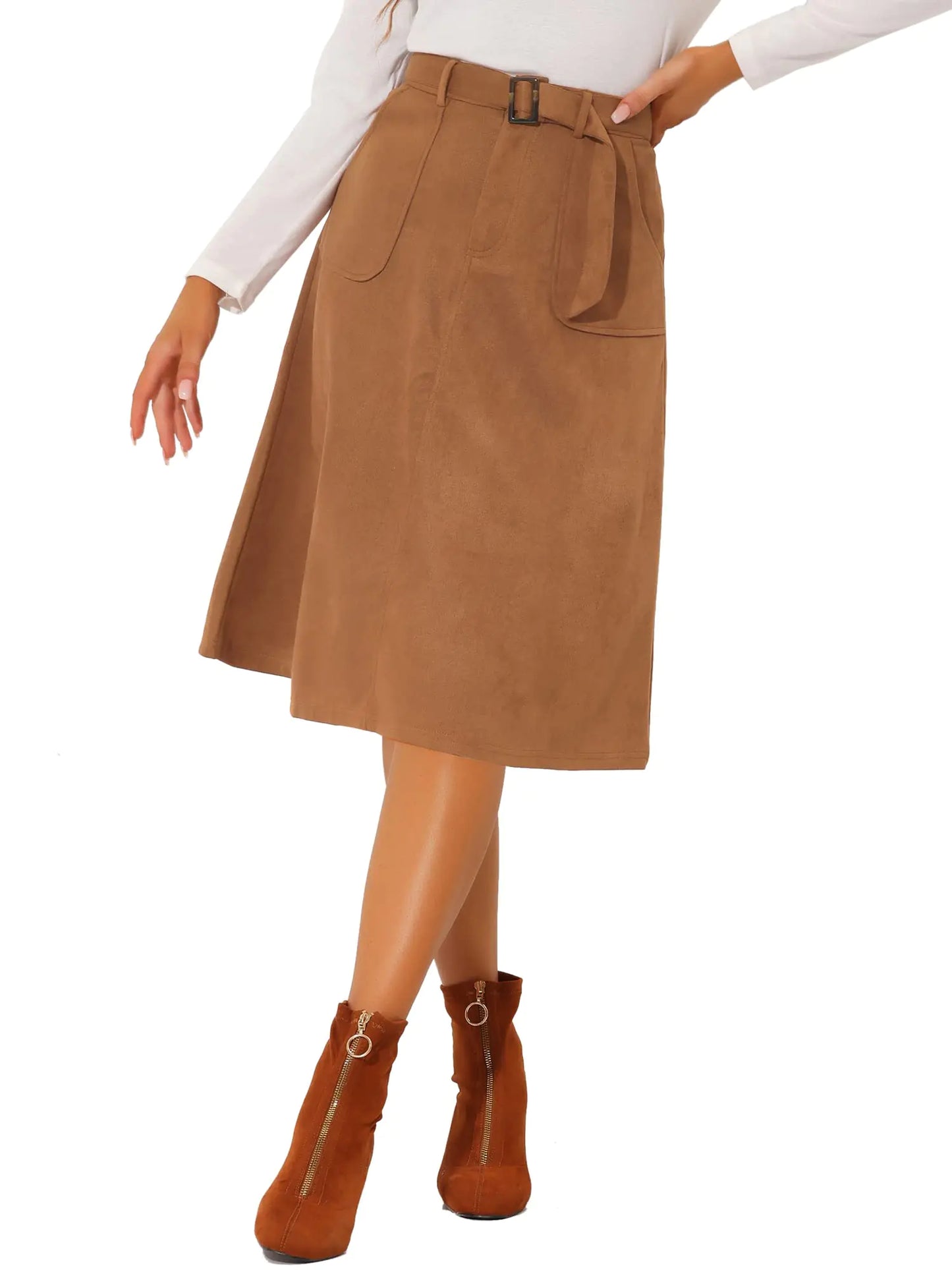 Allegra K Womens Casual Faux Suede Pockets Stretch A-line Midi Skirt with Belt Small Caramel