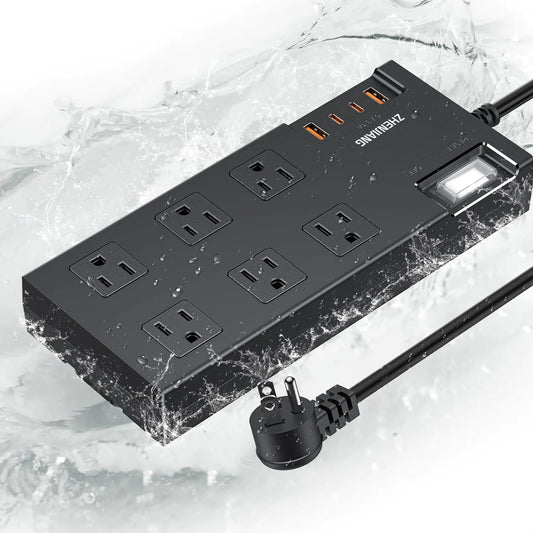 IPX6 Outdoor Power Strip Weatherproof Waterproof Surge Protector with 6 Wide Outlet with 4 USB Ports Fast Charging 6FT Long Outdoor Extension Cord FCC UL Listed Outdoor Power Strip Waterproof