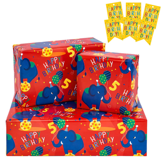 RUSPEPA Birthday Wrapping Paper Sheets with 5 Year Old Birthday Elephant Pattern Great for Birthday Gift Wrap 6 Fold on Sheets Each Set 27 inches x 19 inches Age 5