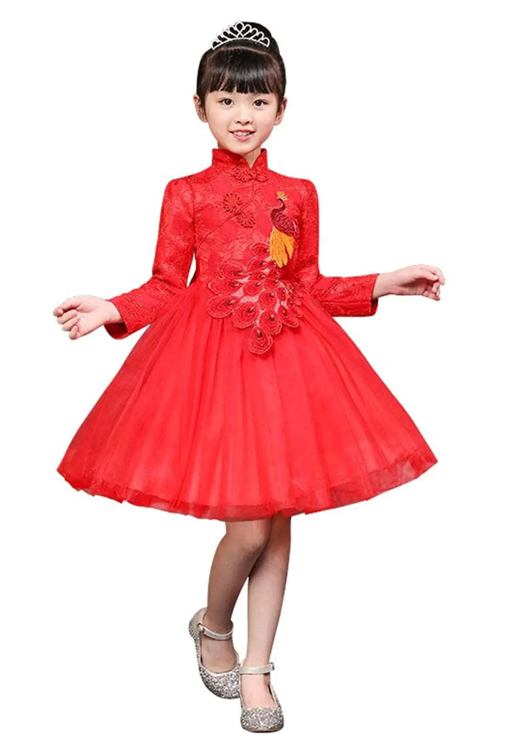 ELUCKFACE Girls Chinese Cheongsam Tutu Dresses Retro Embroidery Princess Dresses for Age 3-10Years Red