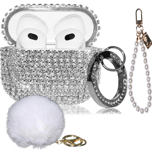 4in1 Bling AirPod 3 Case Diamonds Cover Set Kit Luxurious Rhinestone PC for AirPods 3rd Generation Case Accessories for Women Girl w/Cute Fur Ball Pompom Keychain/Crystal Bracelet/Lobster Clasp