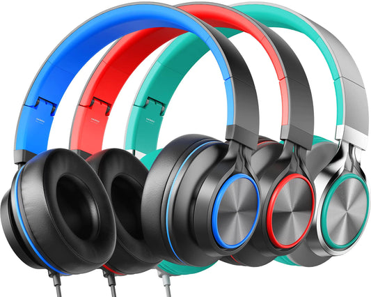 MIXCU Headphones for School Kids Wired Bulk Over-Ear Classroom Headsets for Teens Children Chromebook Computer 3.5mm Jack Foldable No-Tangle Cord Bundle Pack - Mint& Blue& Red (3 Pack)