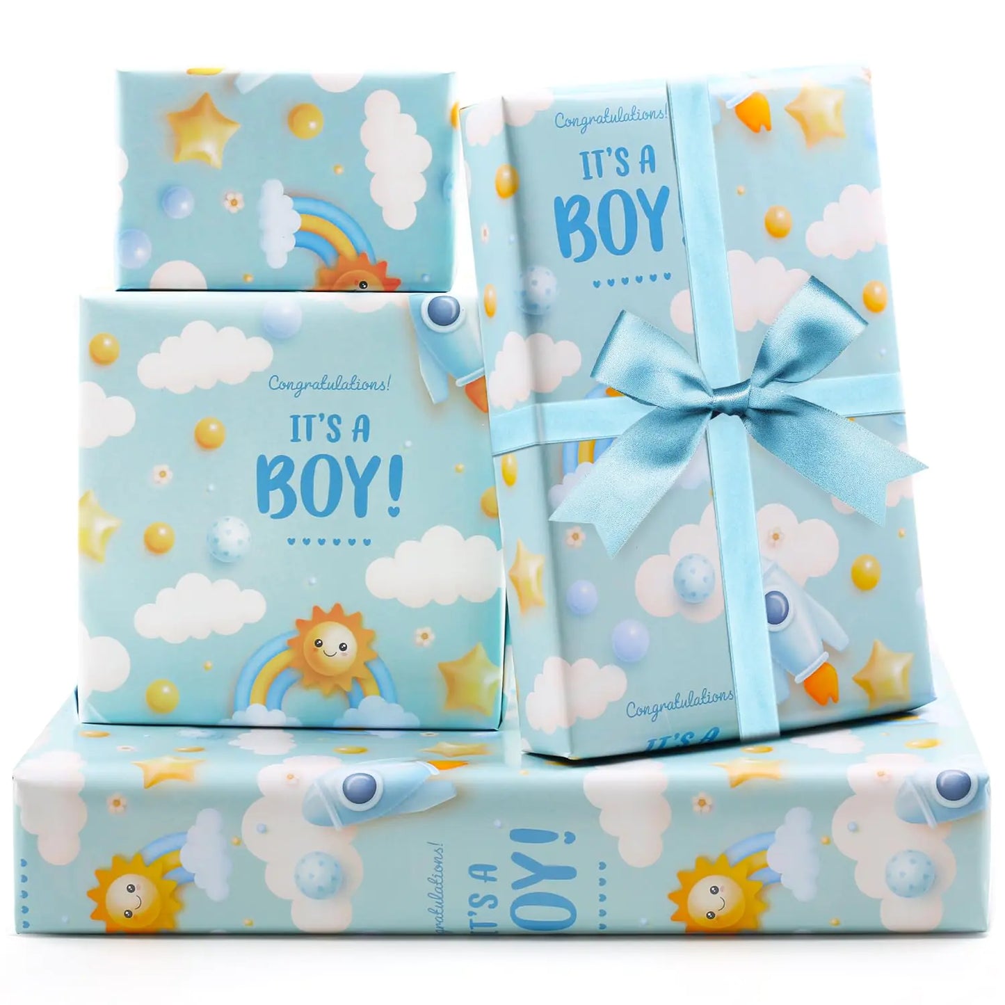 Its a Boy Gift Wrapping Paper for Newborn baby boy Kids7 Sheets Light Blue Gift Wrap Paper Folded Flat 20x28 inches per Sheet with Ribbon for Baby Shower Birthday Celebration Wrap