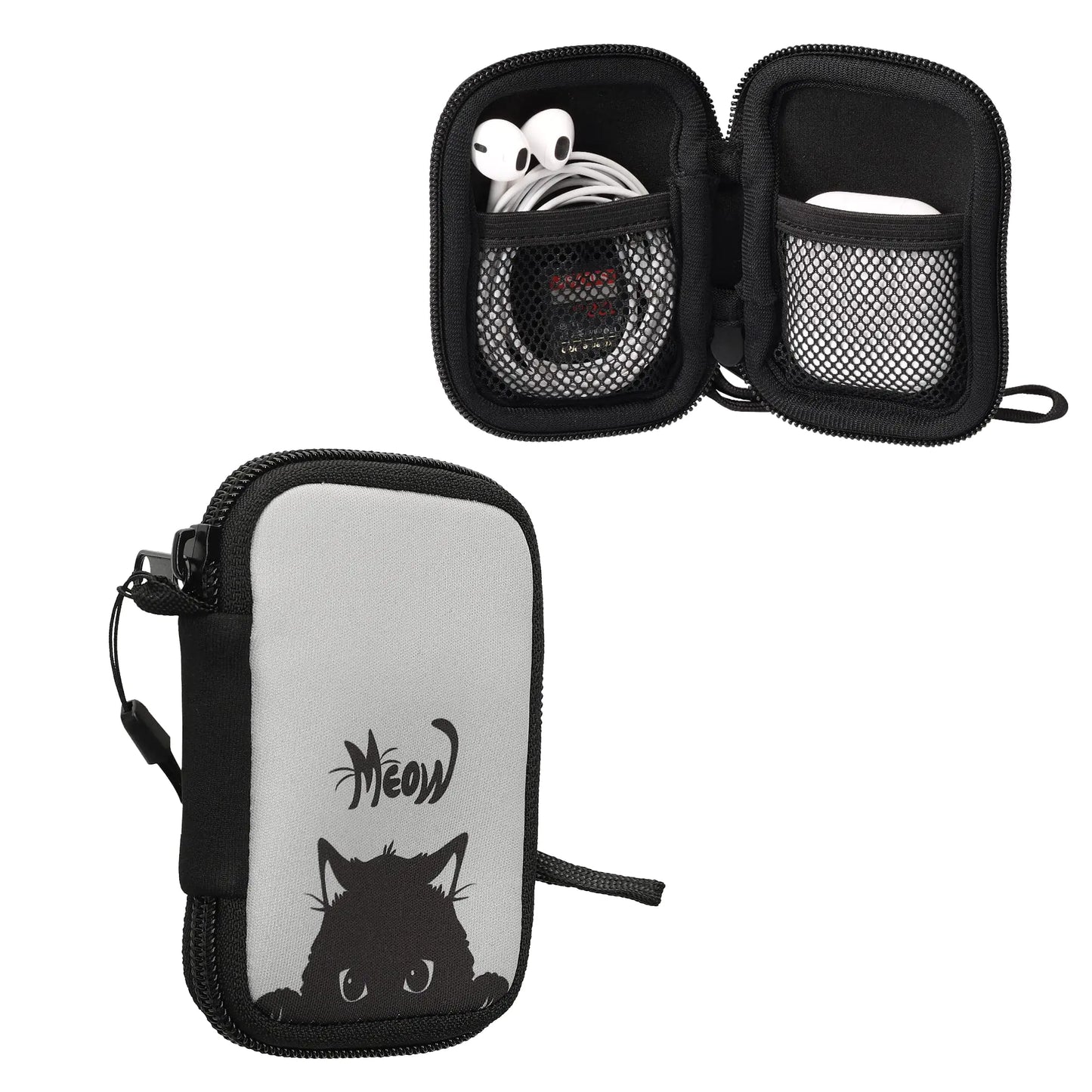 kwmobile Neoprene Case Compatible with in-Ear Headphones - Case with Zip - Meow Cat