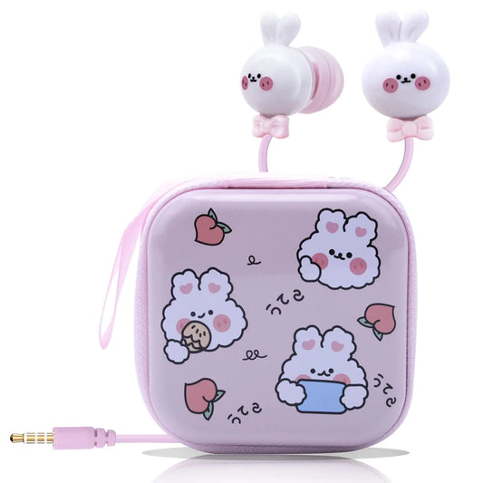 AnRuk Cute Rabbit Earbuds for Kids Kid Size Wired Earbud & in-Ear Headphones with Microphone and Lovely Earphones Storage Case Gifts for School Girls and Boys