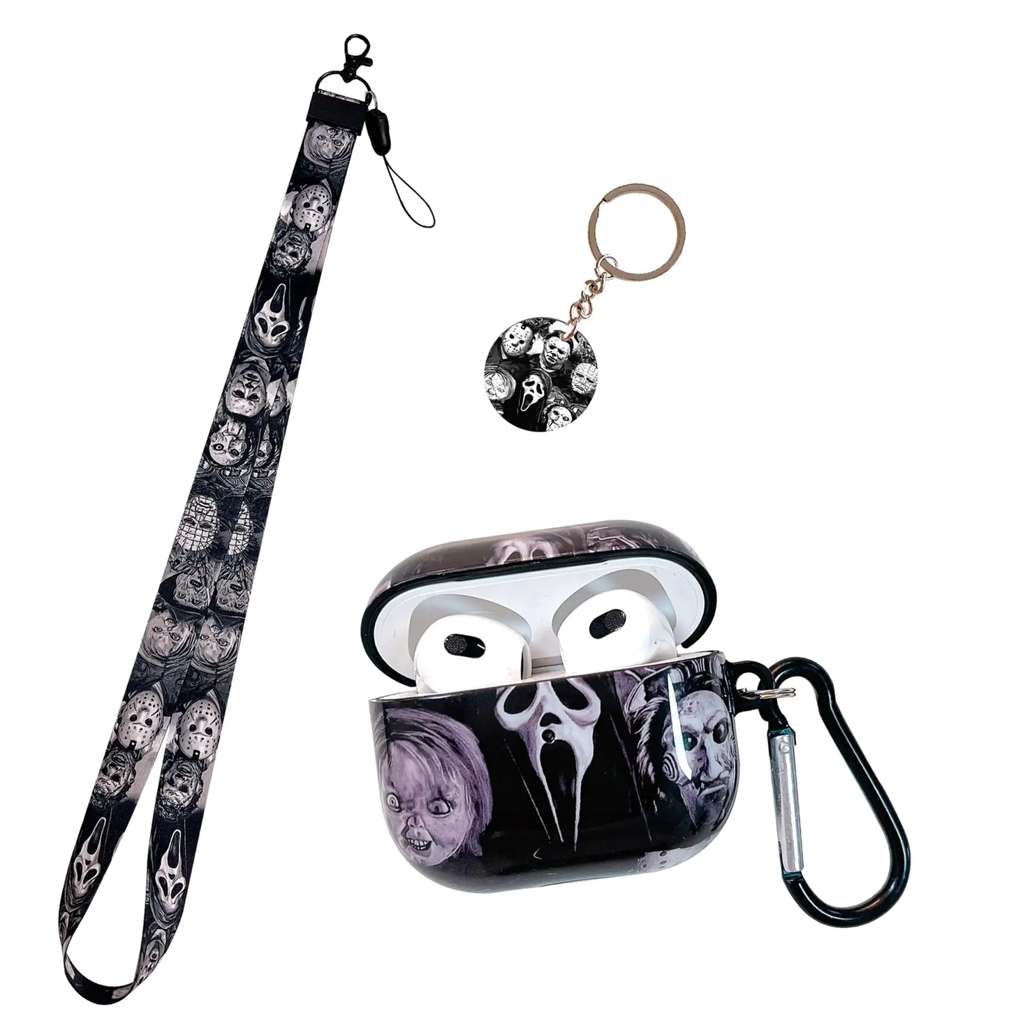 Cool Scream Pattern 3rd Generation Case with Durable IMD Printing Technology and PET Layer，with Horror Keychain Clip Carabiner and Lanyard