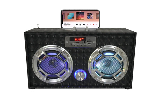 Wireless Express - Boombox Speaker with LED Lights – Retro Bluetooth Speaker w/Enhanced FM Radio - Perfect for Home and Outdoor (Black)