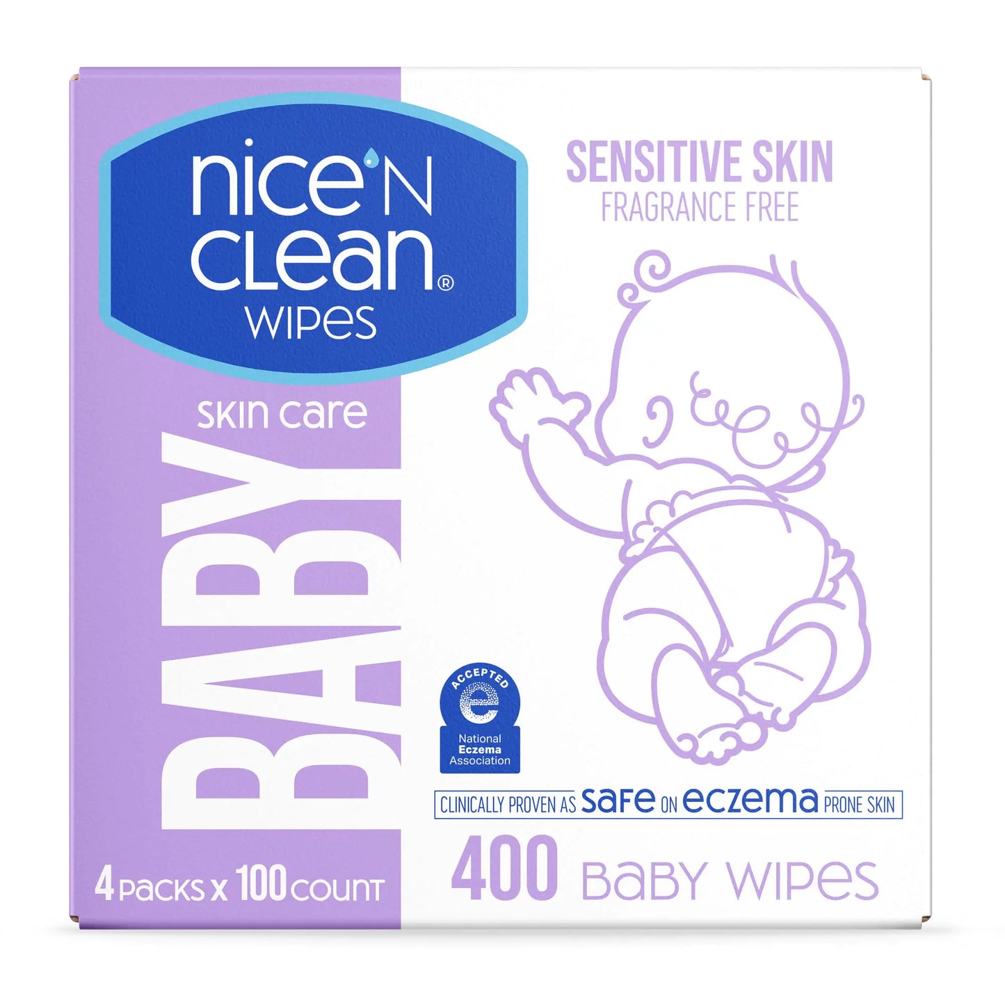 Nice n CLEAN Skin Care Baby Wipes Unscented 100ct (4-Pack) | Ideal for Sensitive Skin | Safe on Eczema Prone Skin | 100% Plastic-Free